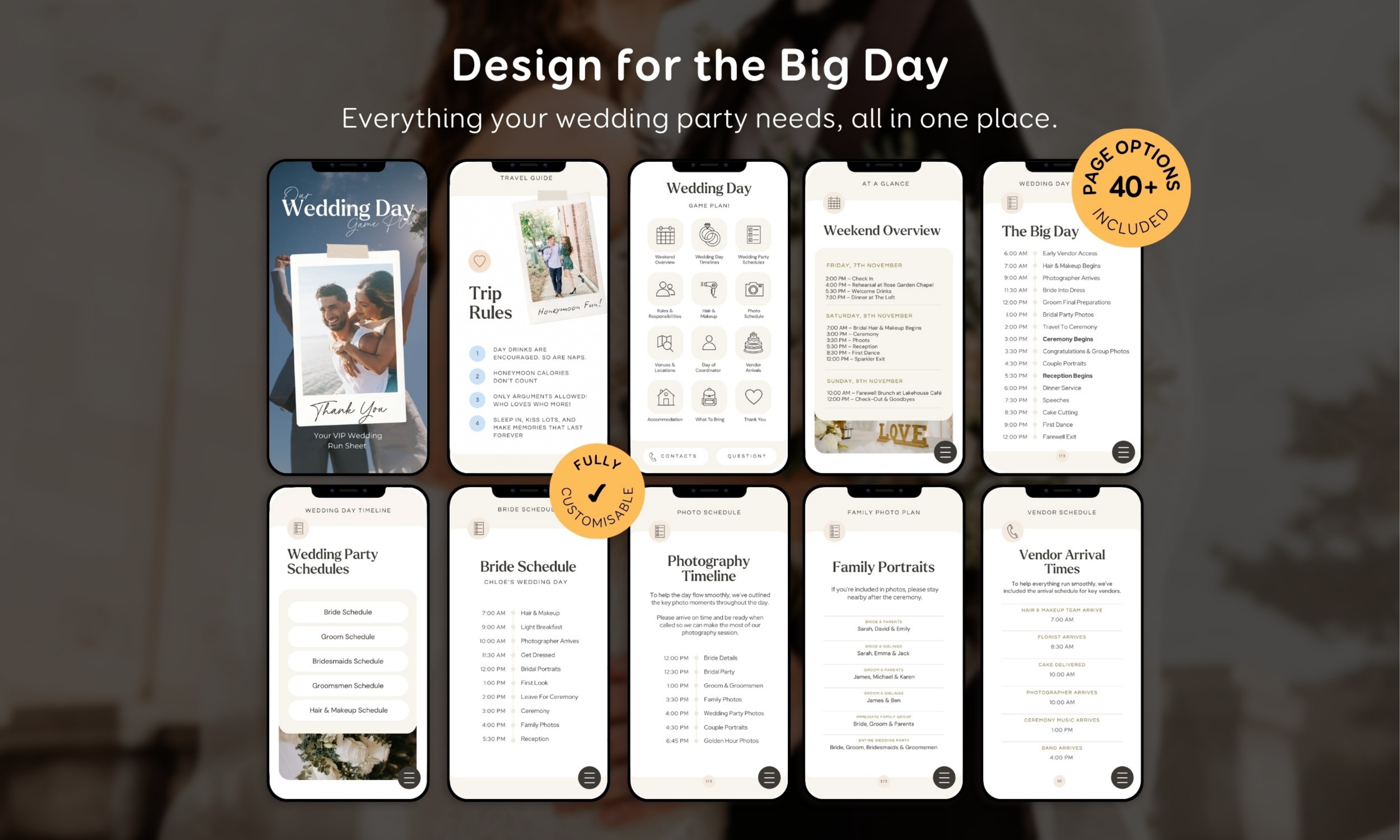 A grid of the template's phone-sized pages, including timelines, schedules, contacts and checklists