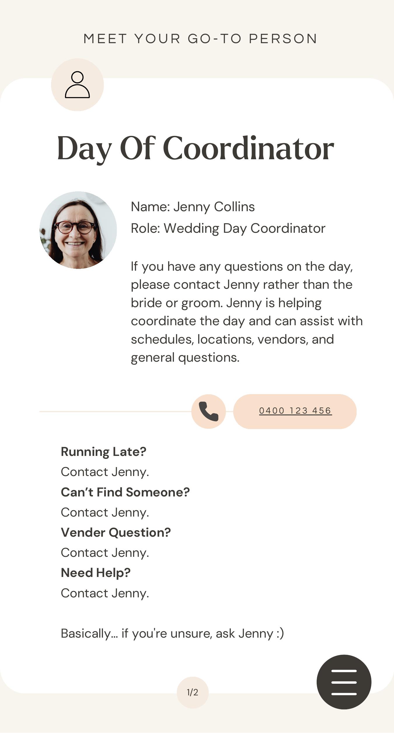 A page listing day-of responsibilities for key people