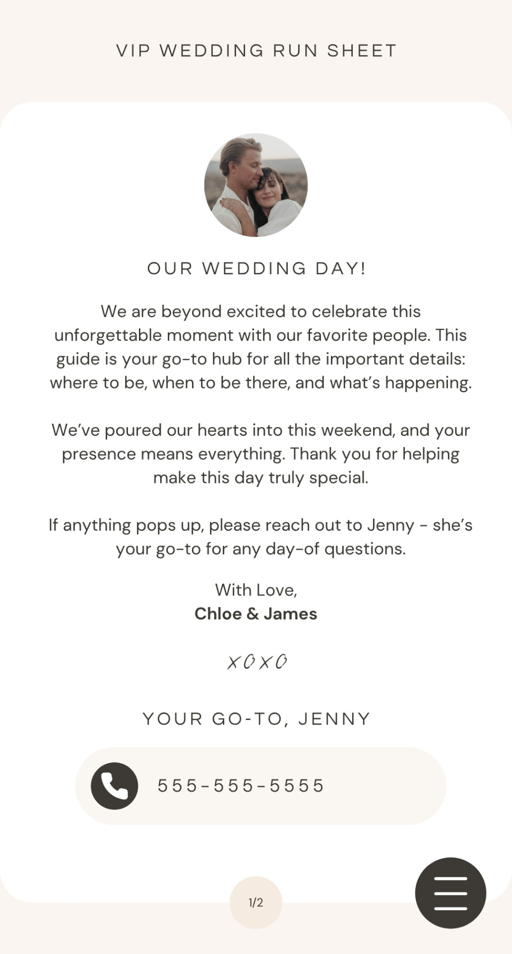 A personalised welcome page with the couple's photo, a warm intro note, and a tappable button to call the day-of coordinator