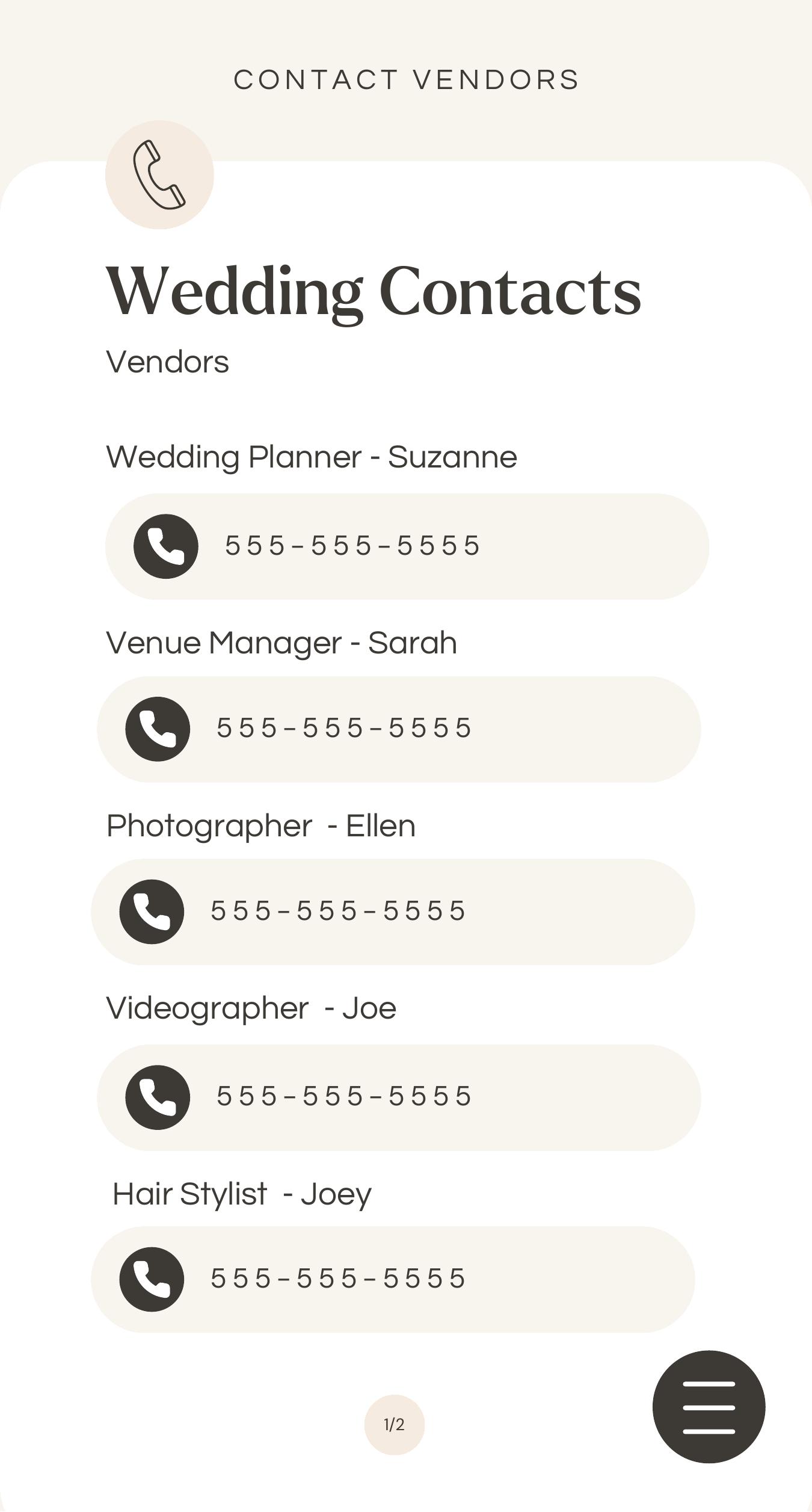 A page listing important contacts with tappable phone numbers