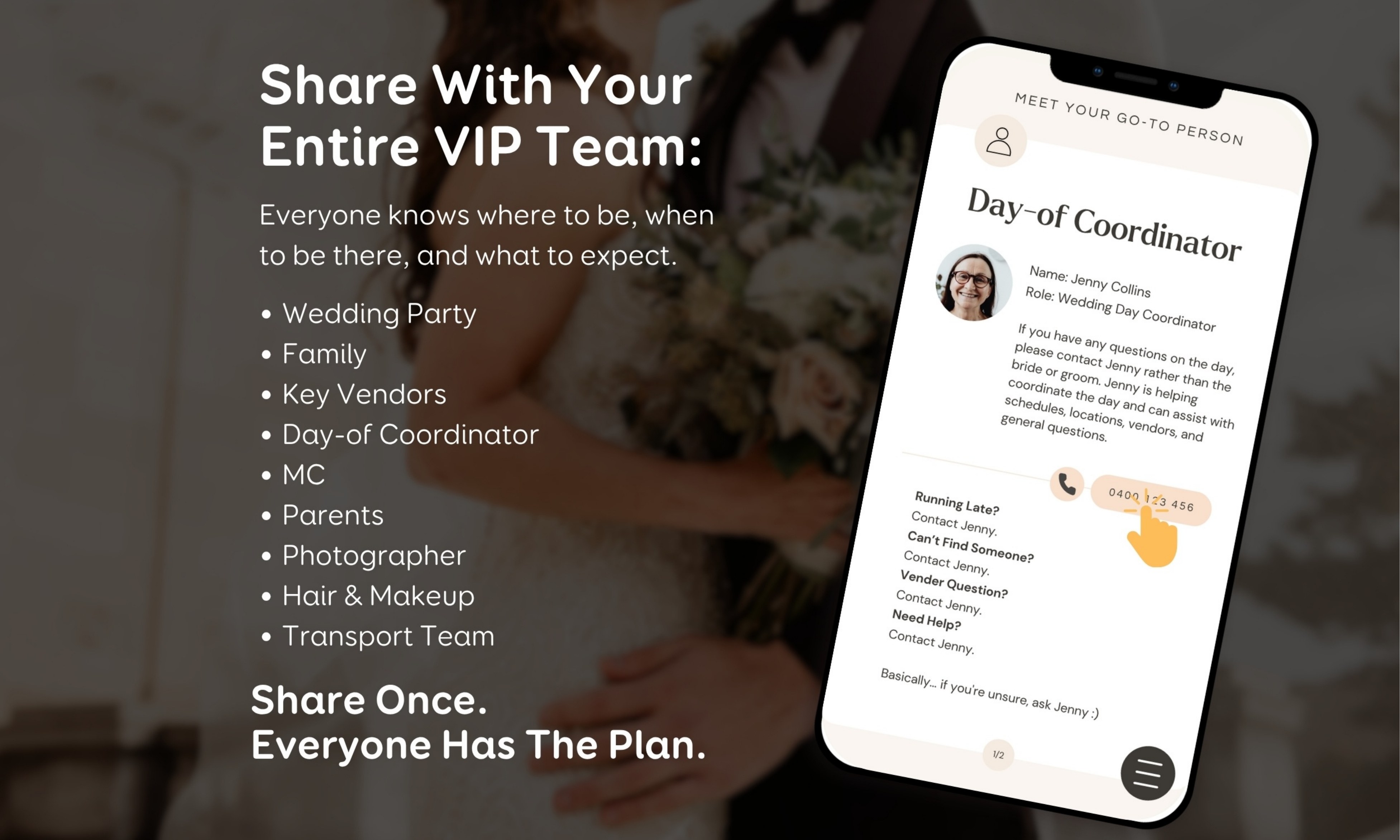 A phone showing the Game Plan being shared with the wedding party