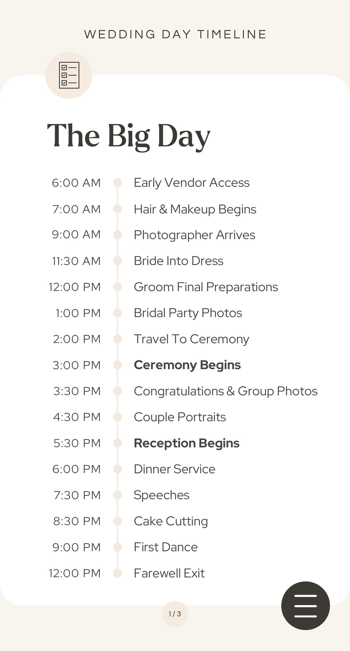 A wedding day timeline page with times and events, and a menu button in the corner
