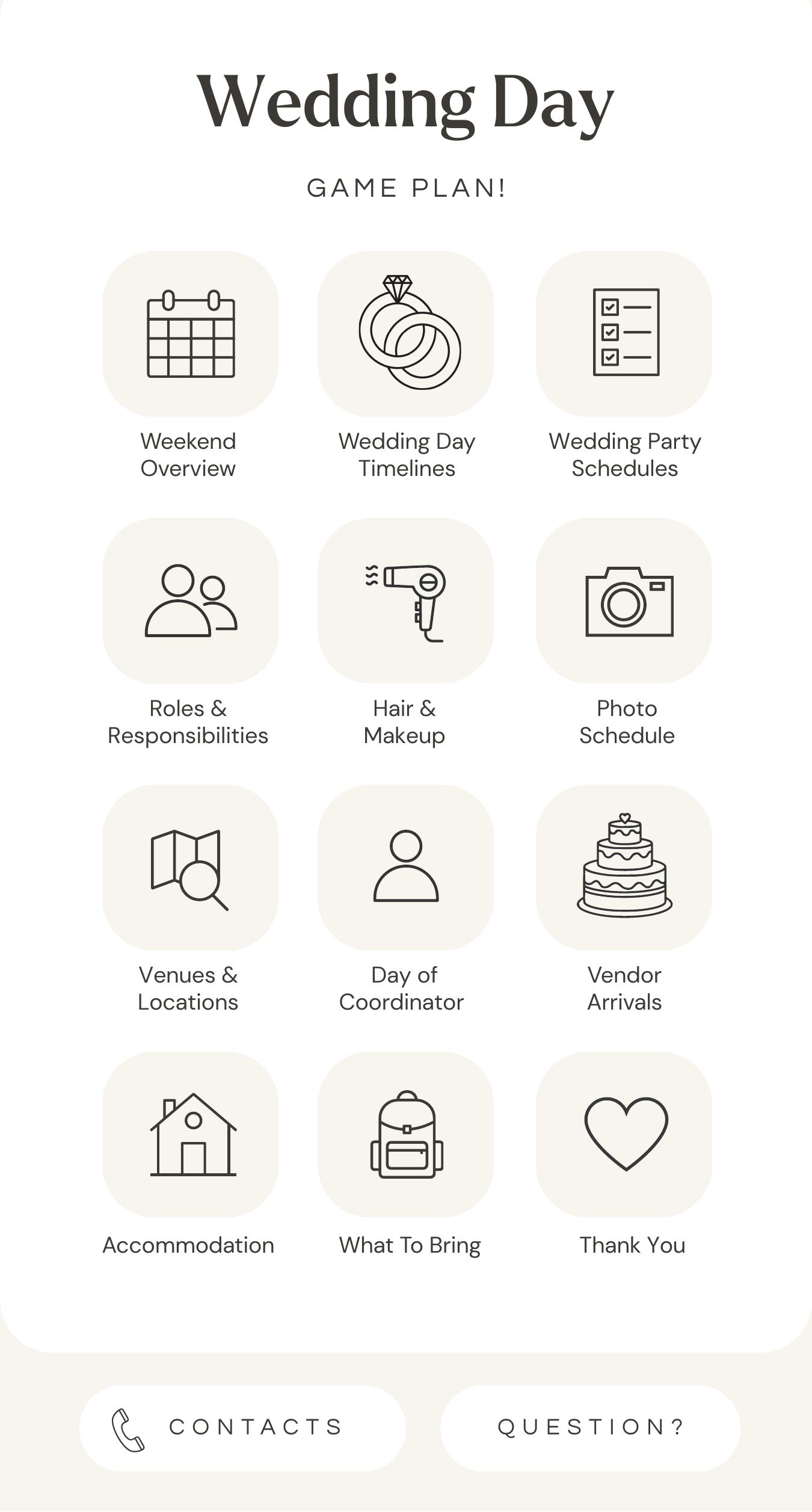 The app-style main menu page of the Wedding Day Game Plan