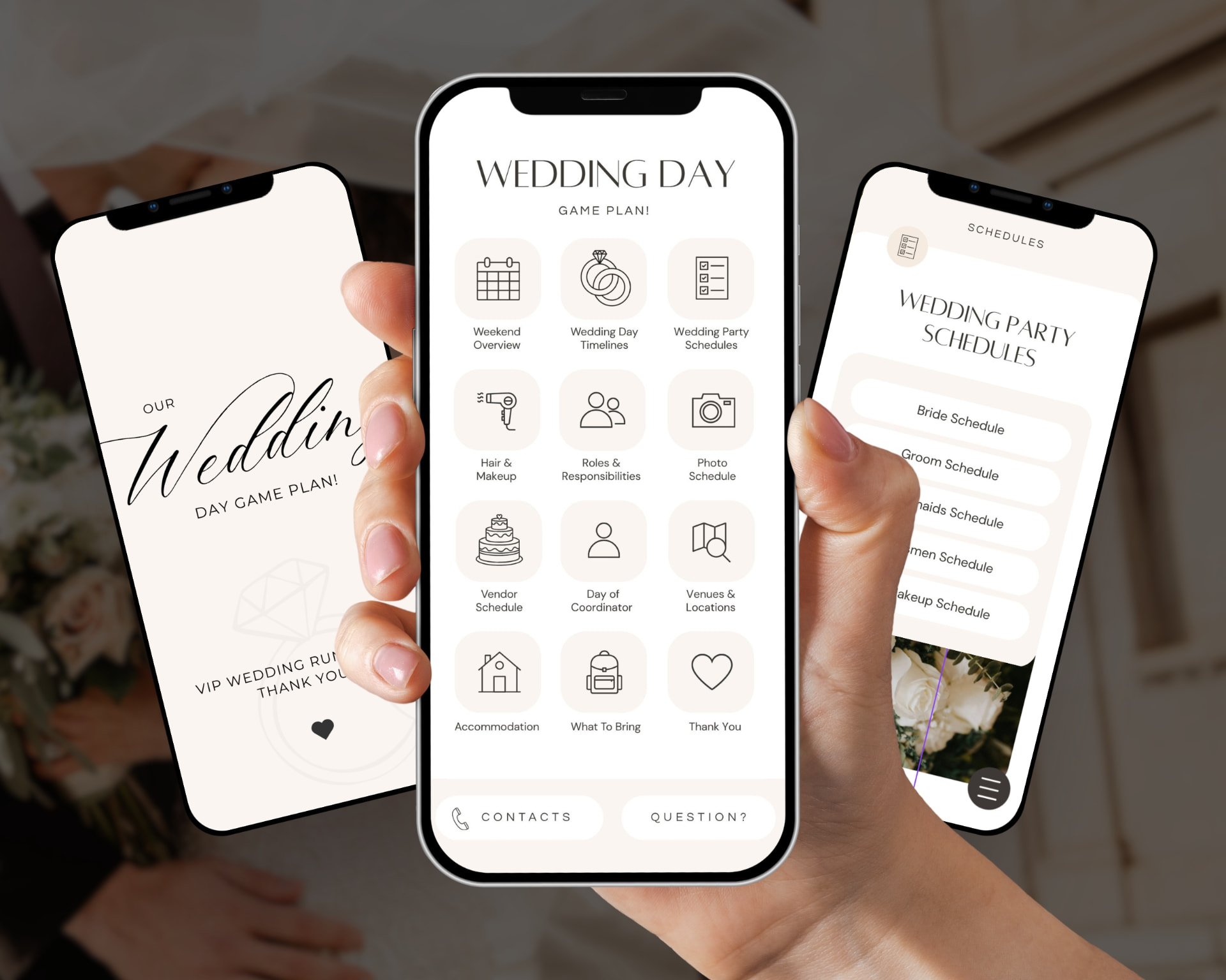 Three phones held up showing the wedding day cover, the app-style menu and a wedding party schedule page